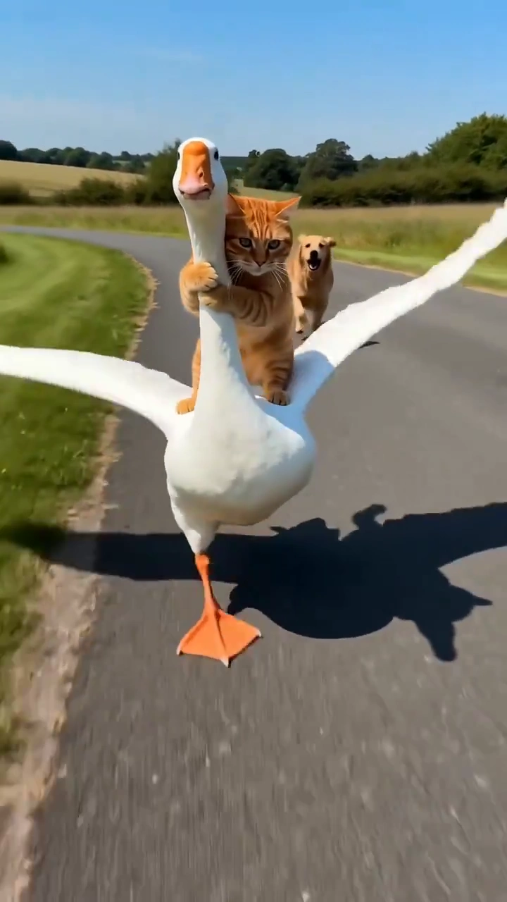 Turbo Cat Leaps Back Onto Goose to Escape Confused Dog