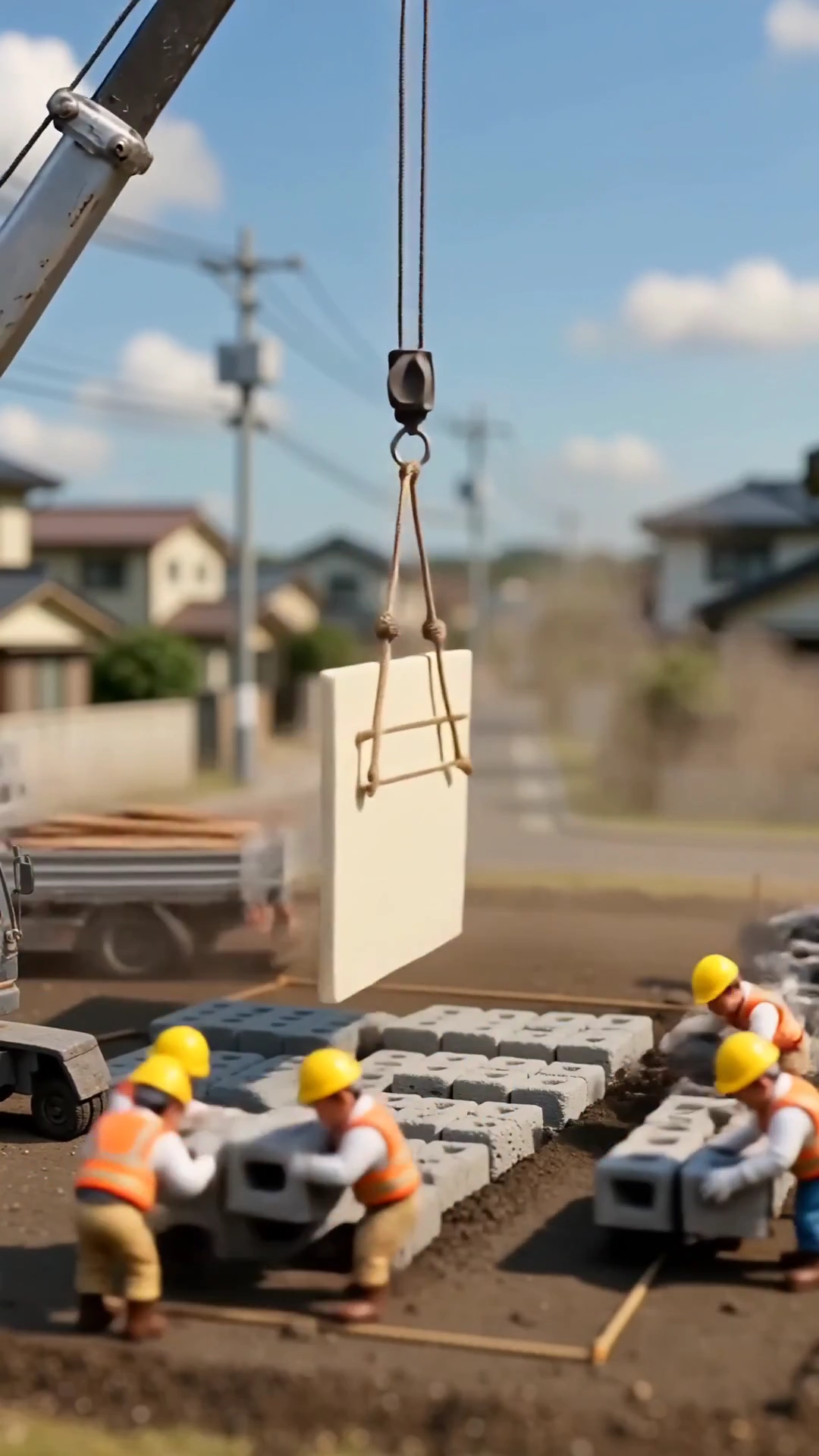 Tiny Workers Erect a Suburban House With Cranes and Precision