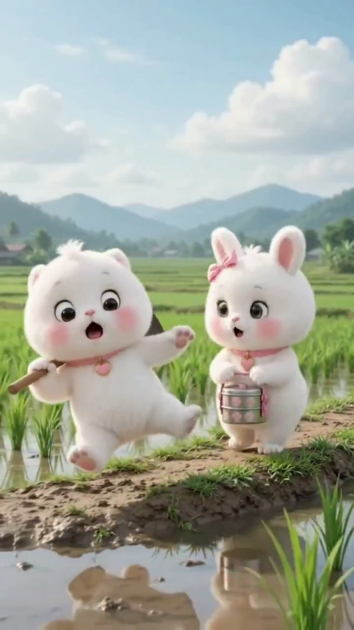 Adorable Rabbit Farmers Slip and Laugh in Sunny Rice Paddy