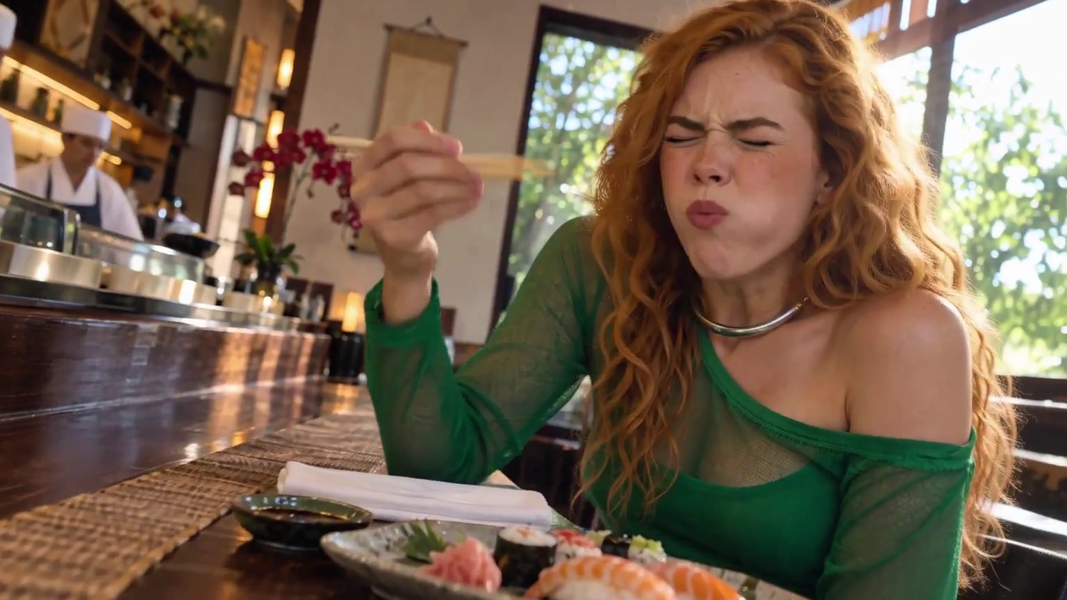 Dutch-Angled Close-Up Reveals Sushi Eater's Rollercoaster From Disgust to Joy