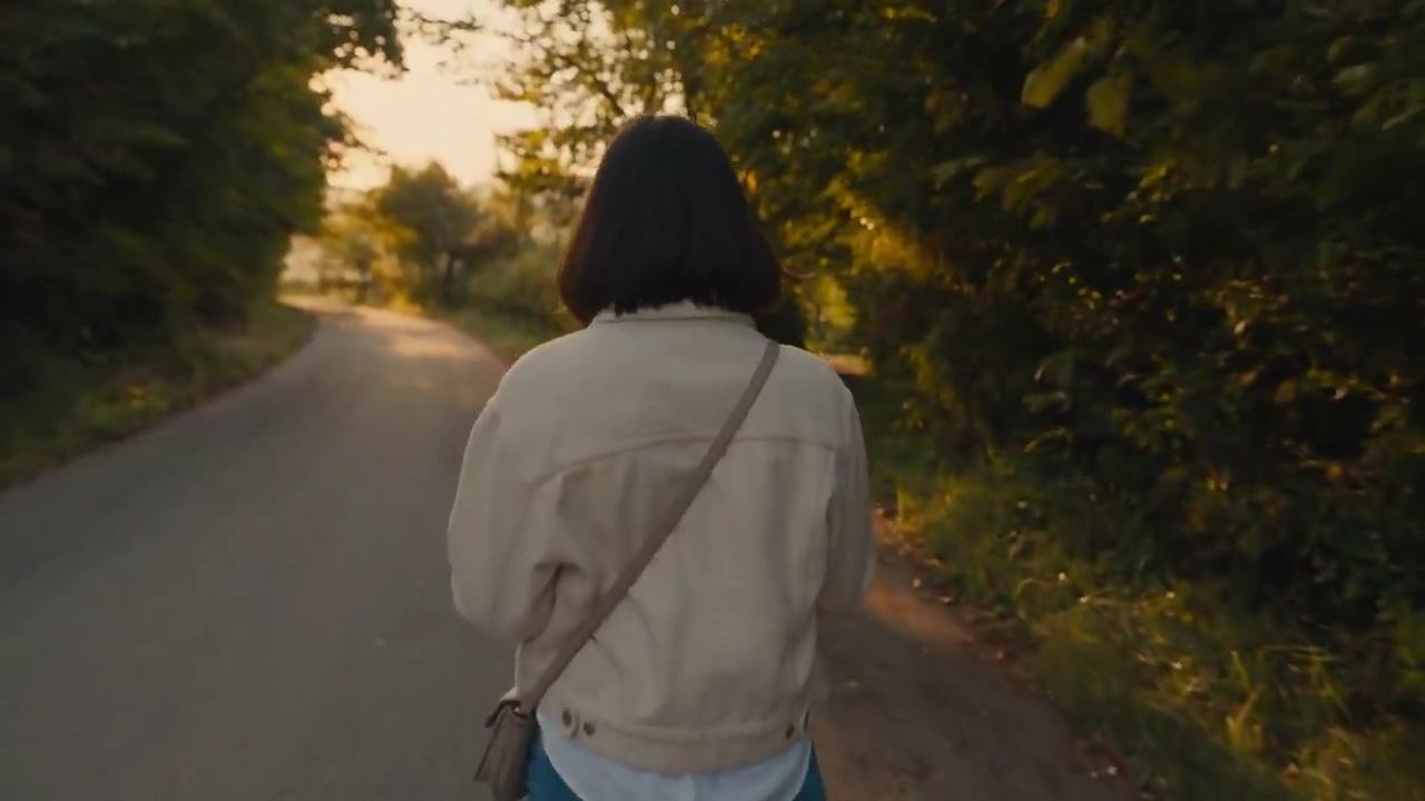 Golden Hour Footage Follows Solitary Woman Crossing Rustic Country Bridge
