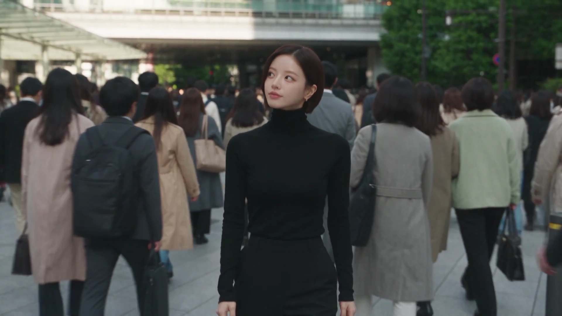 Synchronized Strangers in White Masks Halt Around Calm Woman