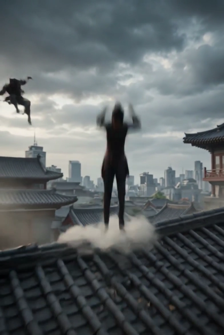 Mysterious Armored Figure Braces Against Tempest on Wet City Rooftop