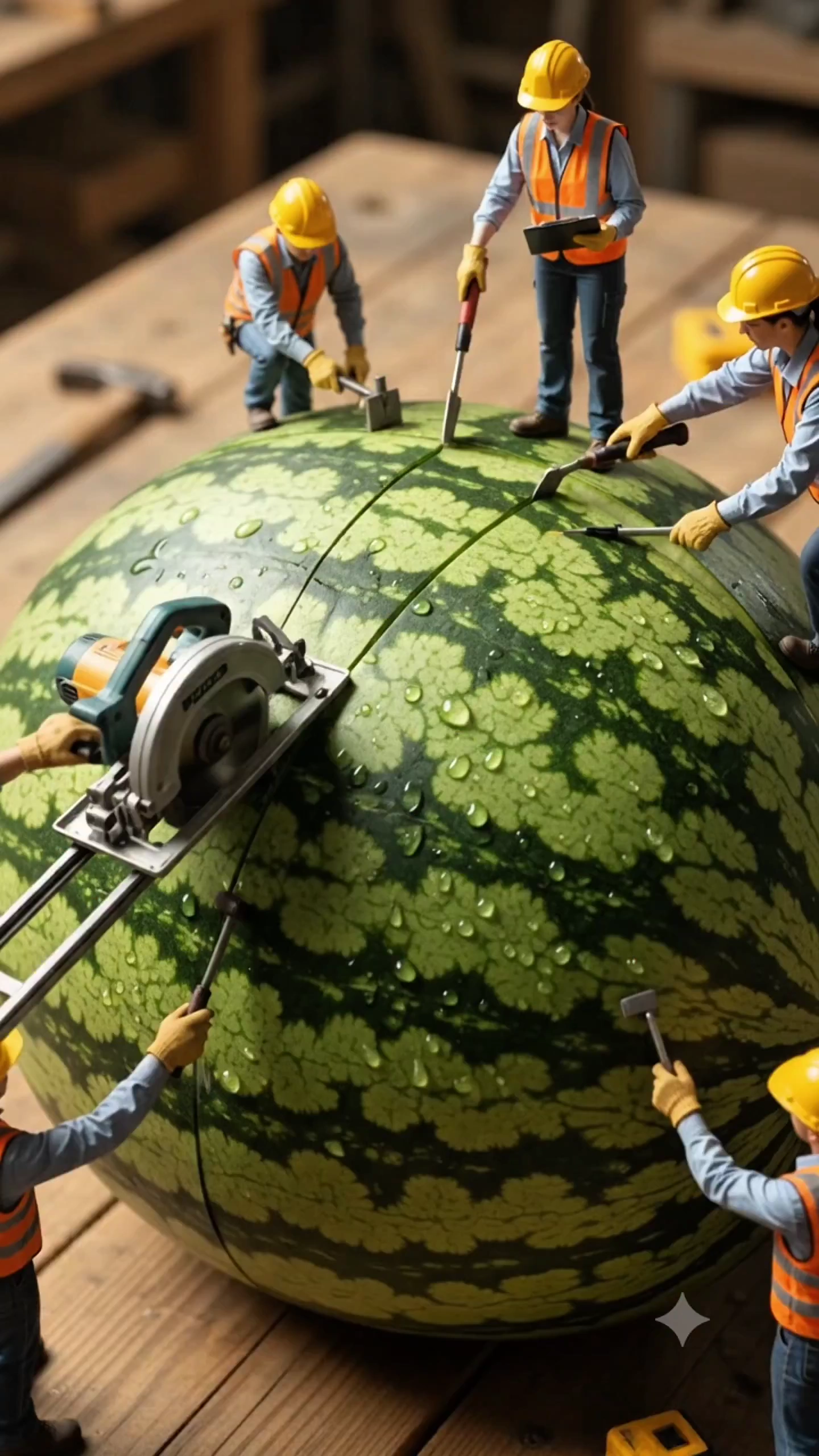 Miniature Engineers Excavate a Watermelon to Construct a Football Arena