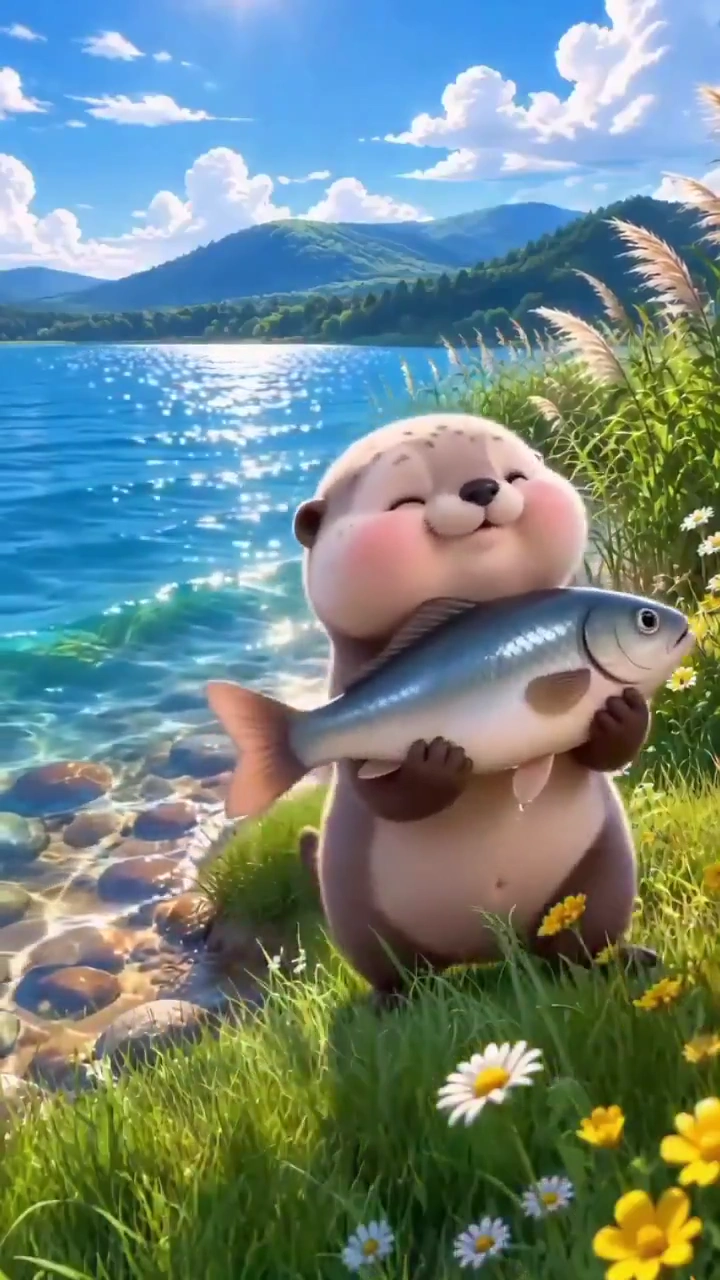 Playful Baby Otter and Friendly Goose Share a Lakeside Adventure