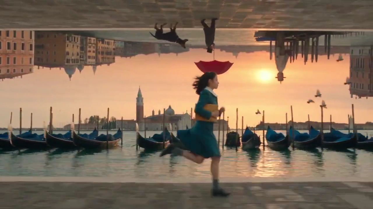Vintage Teal Dress Woman Leaps Across Rainbow in Escher Venice