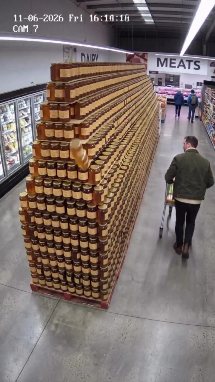 Hundreds of Glass Jars Crumble in Chaotic Supermarket Display Accident