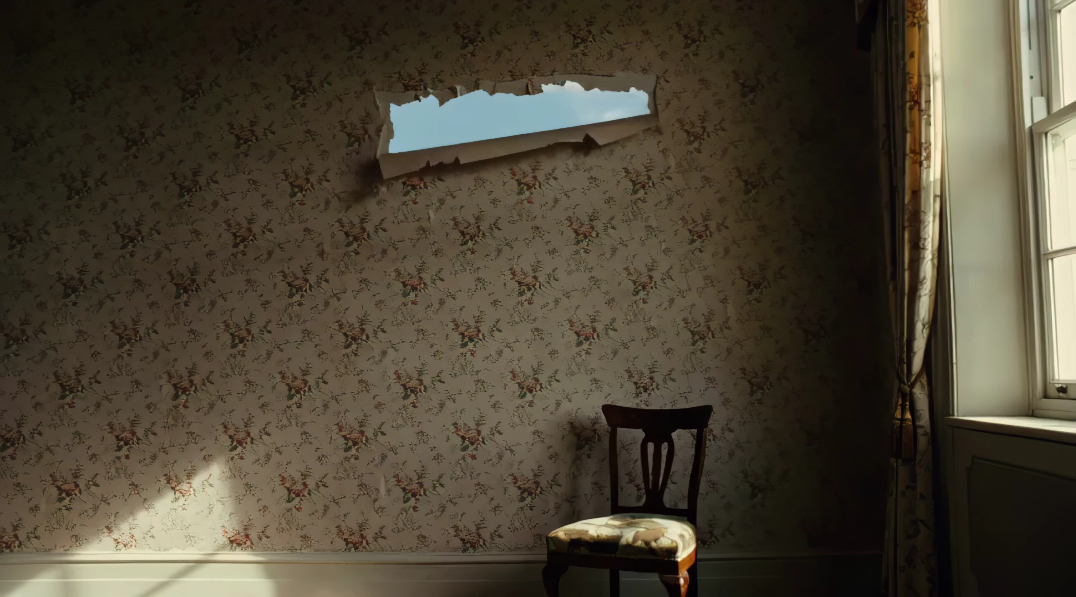 Crackling Wallpaper Peels in One Unbroken Curl on a Bare Wall