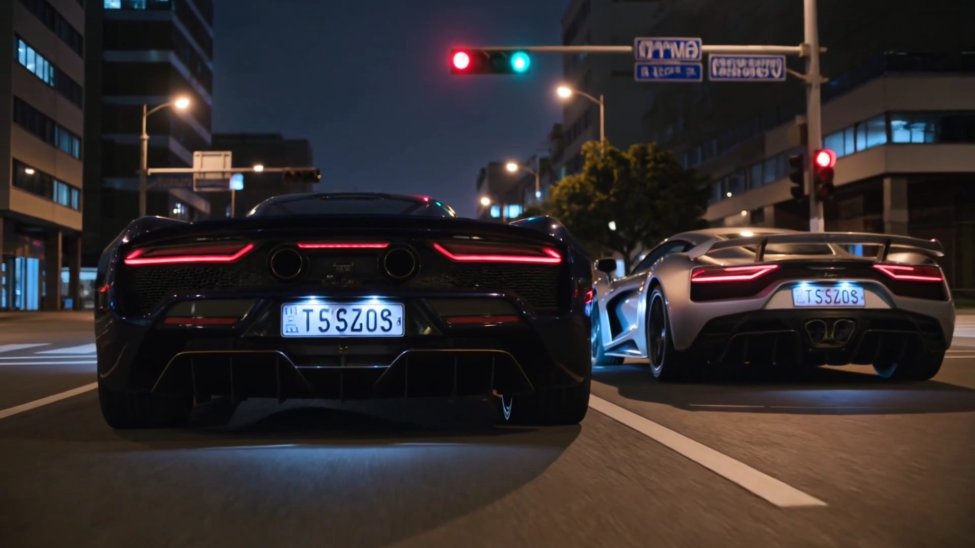 Silver Supercar Overtakes Black Rival Inside Neon-Lit Tunnel