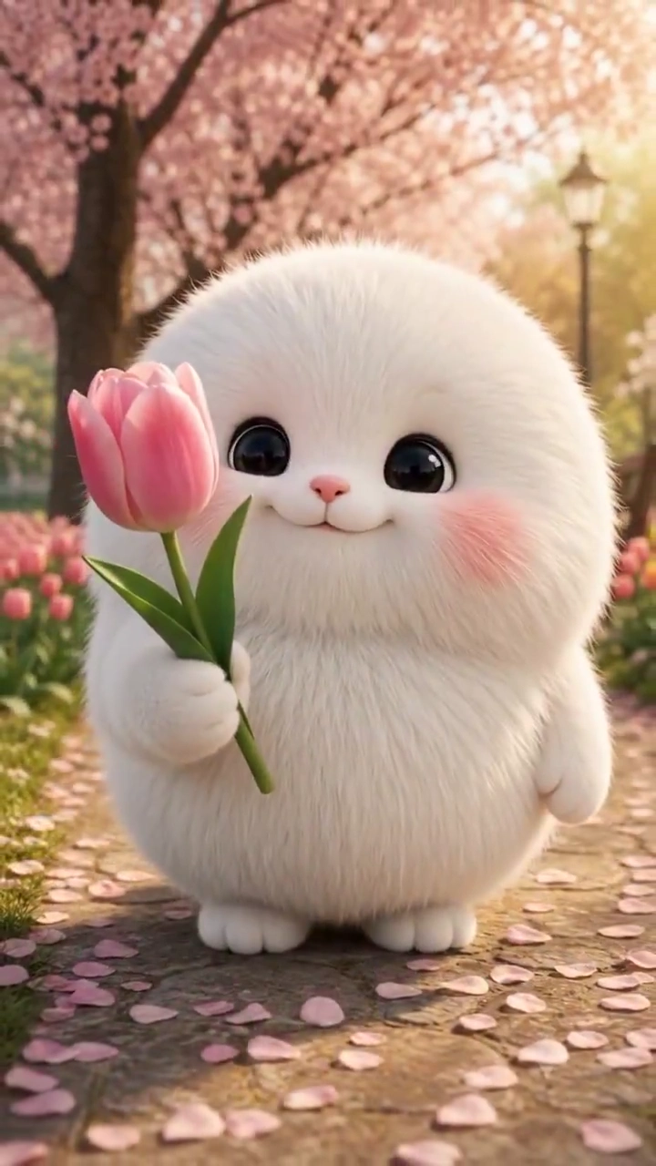 Tiny Round Creature Smiles Amid Golden Cherry Blossom Petals