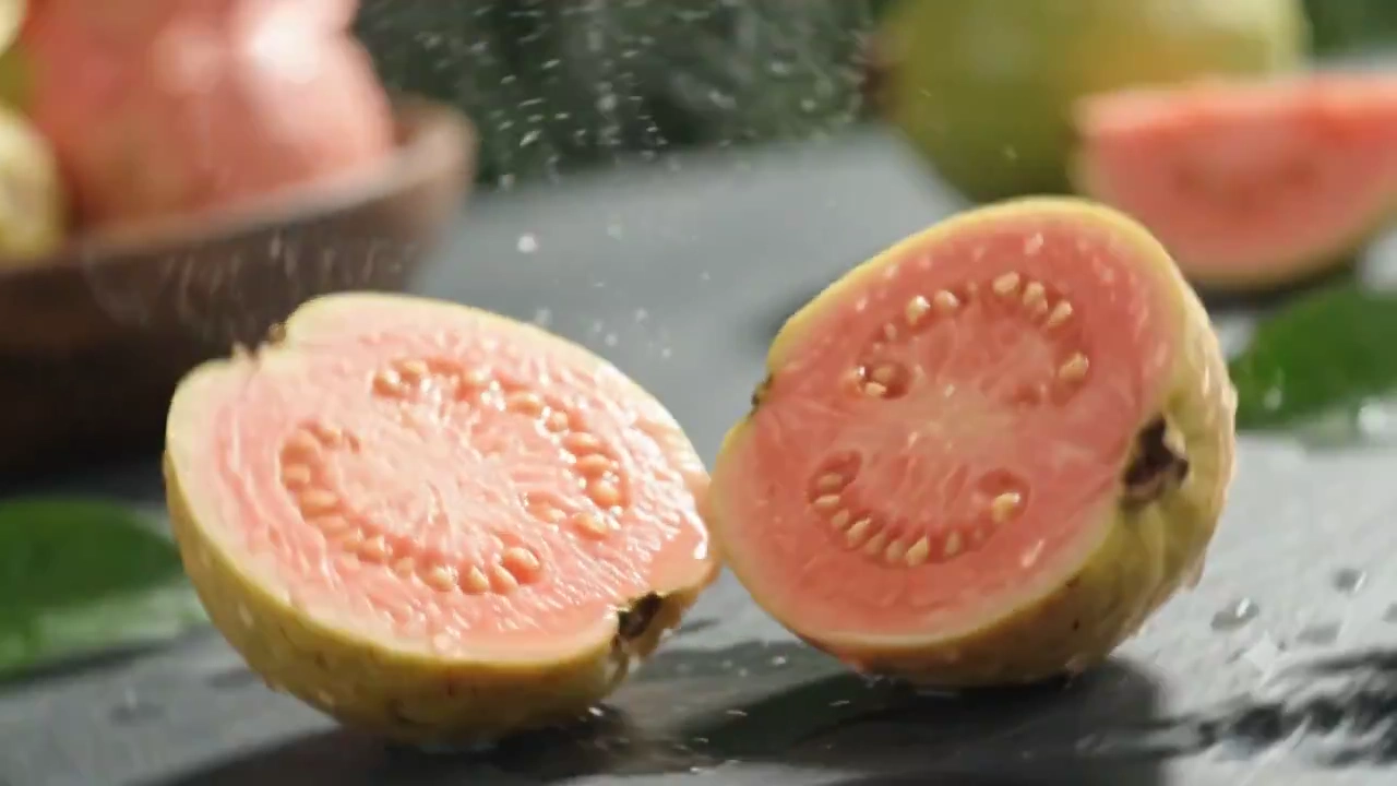 A dew-covered guava tumbles into a chilling vortex of cream.