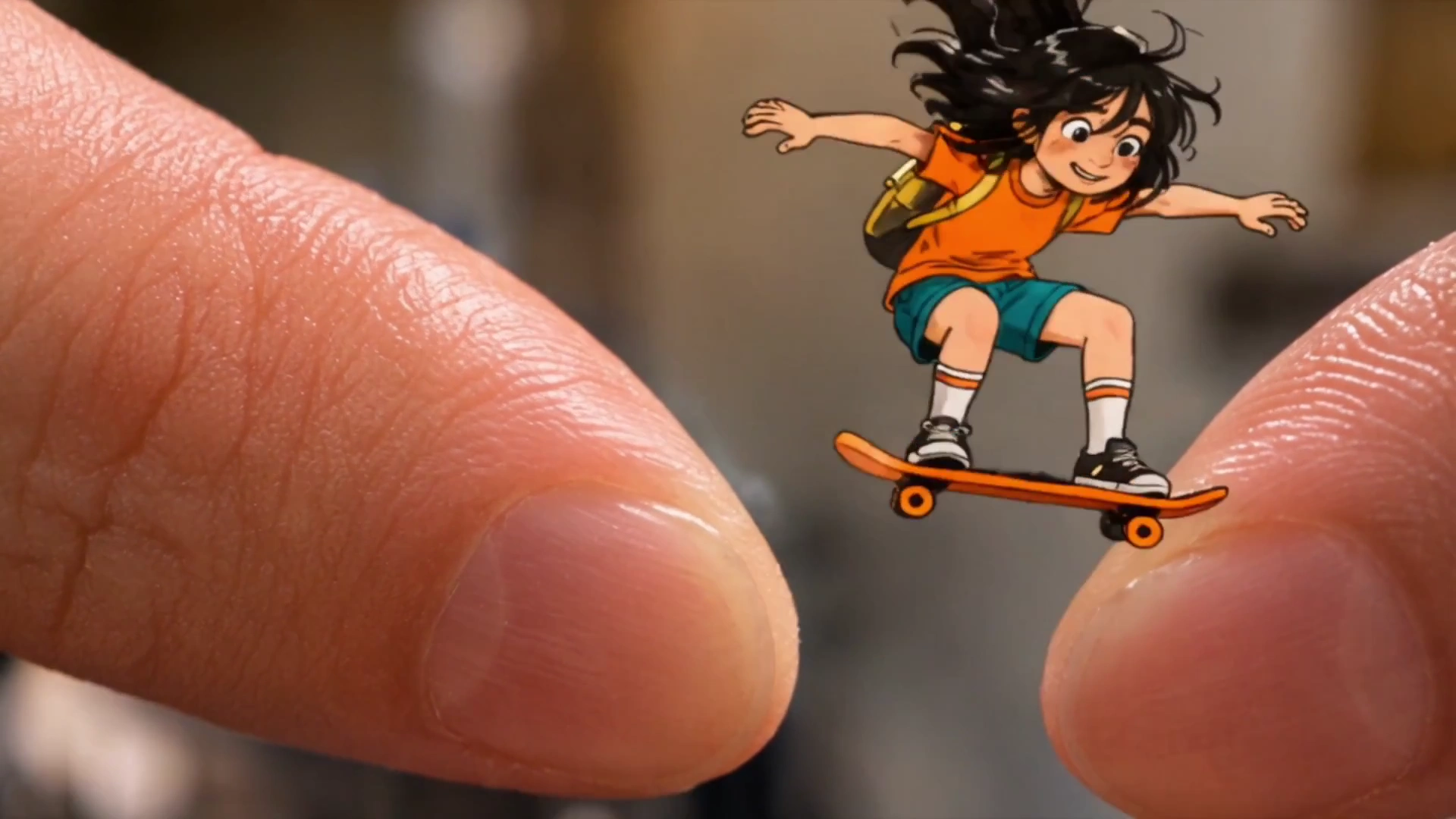 Miniature Doodle Rider Kickflips Across Desktop Objects in Hybrid Animation