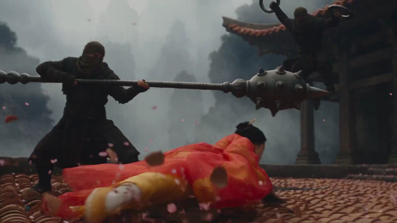 Jade Pinned Warrior Deflects Iron Staff and Daggers in Mythic Duel