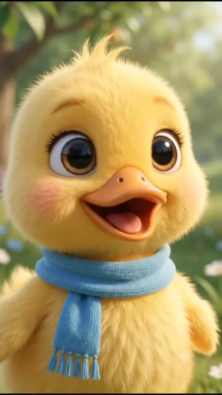 Adorable Yellow Duckling Prepares Peach Feast Beside Sparkling Stream