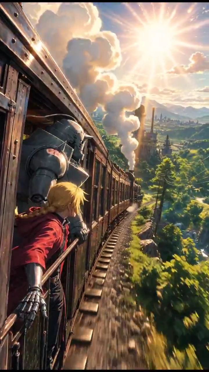 Steam Locomotive Races Through Anime Mountains Toward Medieval City