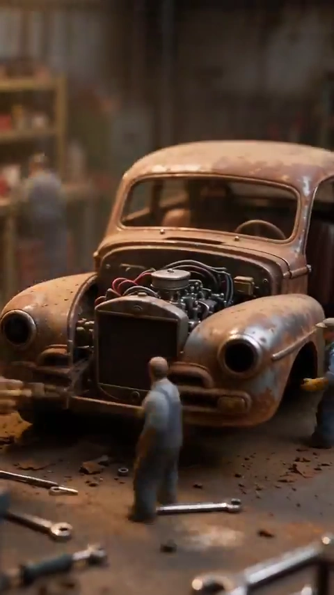 Miniature Mechanics Transform a Rusted Vintage Car in a Macro Time-Lapse