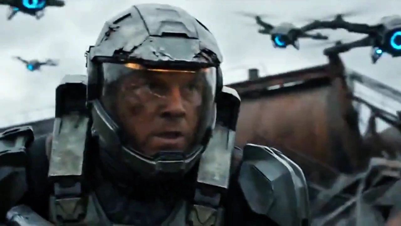 Weathered Soldier Deploys Blue Energy Shield Against Quad-Drones in Wasteland