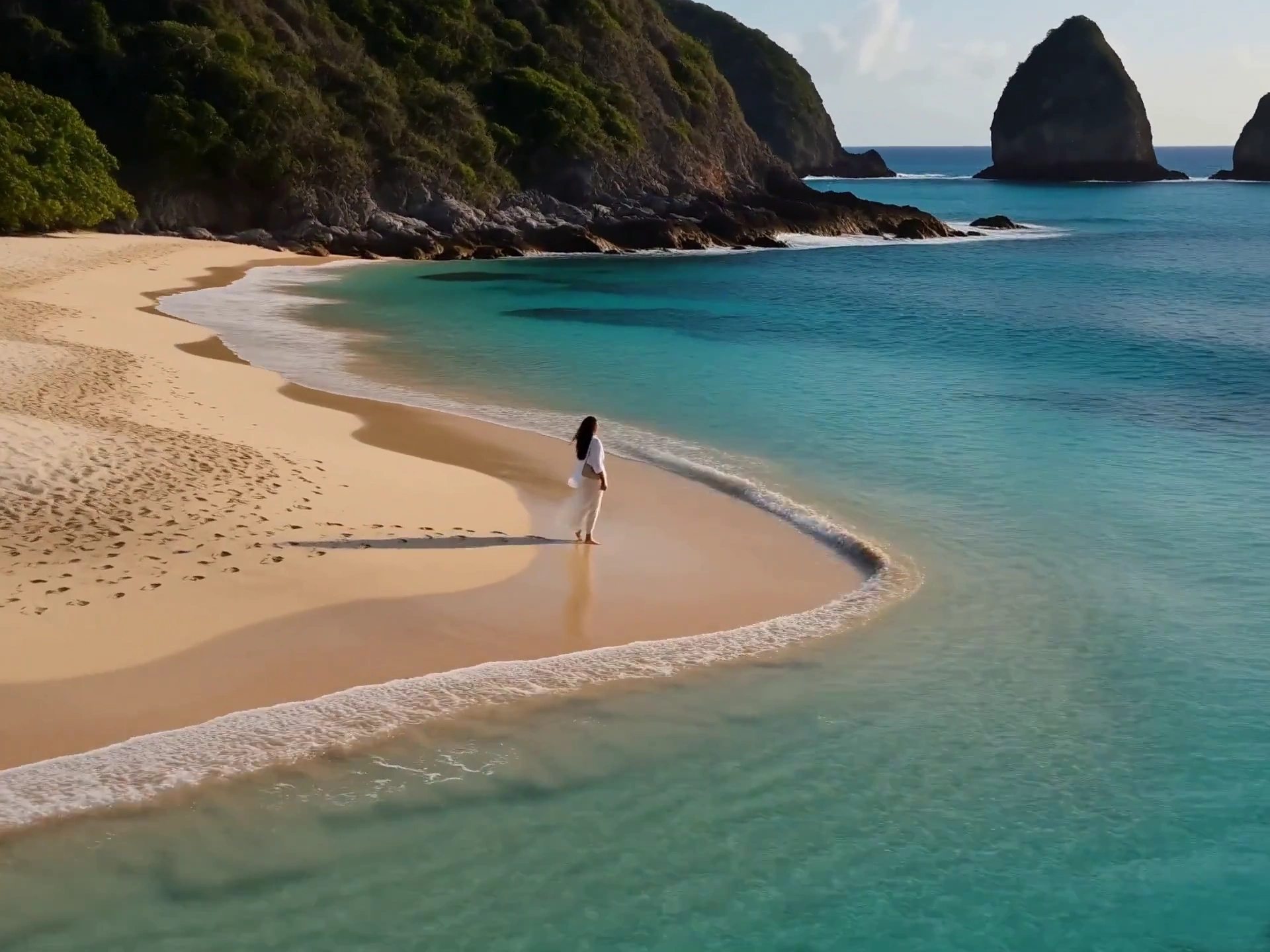 Japanese Woman Strolls Tropical Beach at Sunset in Cinematic Dream
