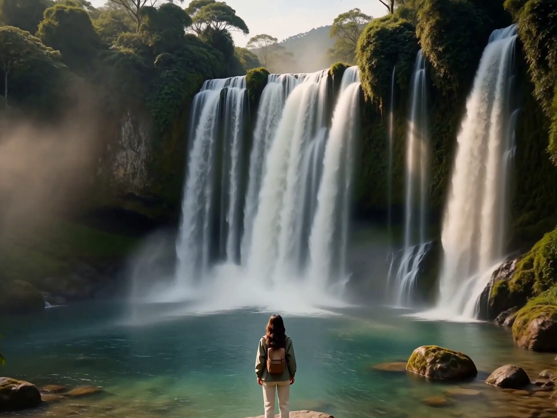 Golden Sunlight Illuminates Woman's Awe at Cascading Jungle Waterfall