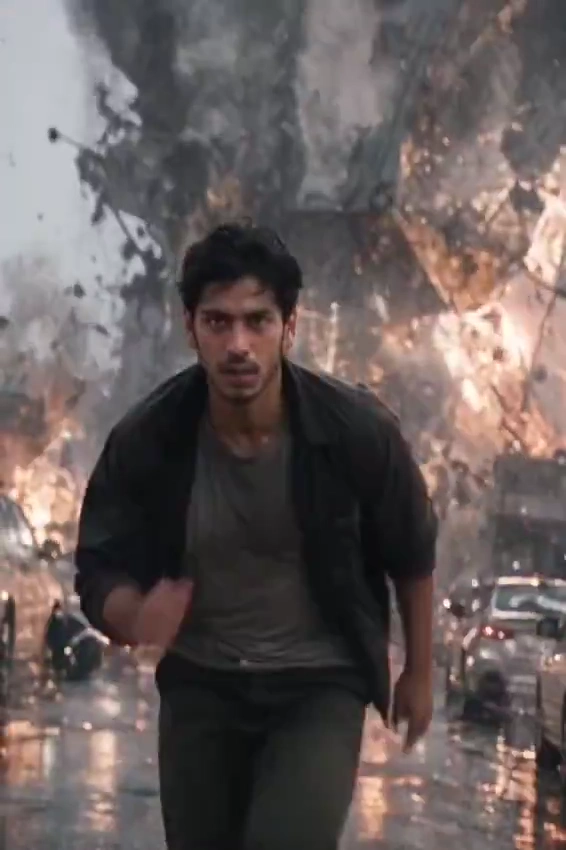 Rain-Soaked Survivor Sprinting Past Explosions in Burning Streets