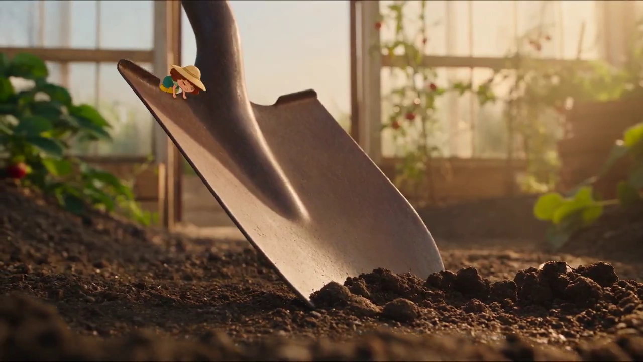 Tiny Curly-Haired Gardener Rides Giant Strawberry Through Enormous Plants
