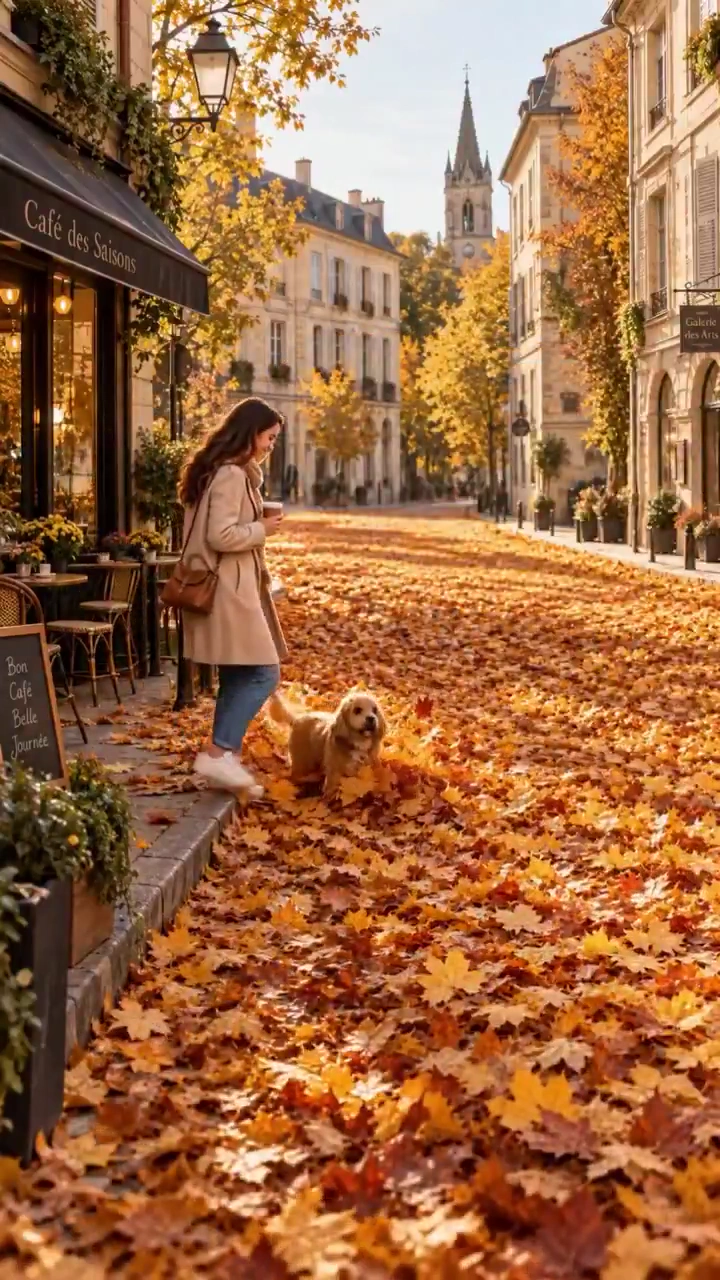 Autumn Leaves Swirl Around Woman and Dog on Historic European Street