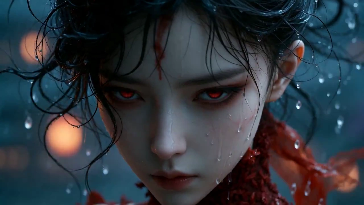 Red-Laced Blade Dancer Duels Shadows Amid Ancient Rainy Palace
