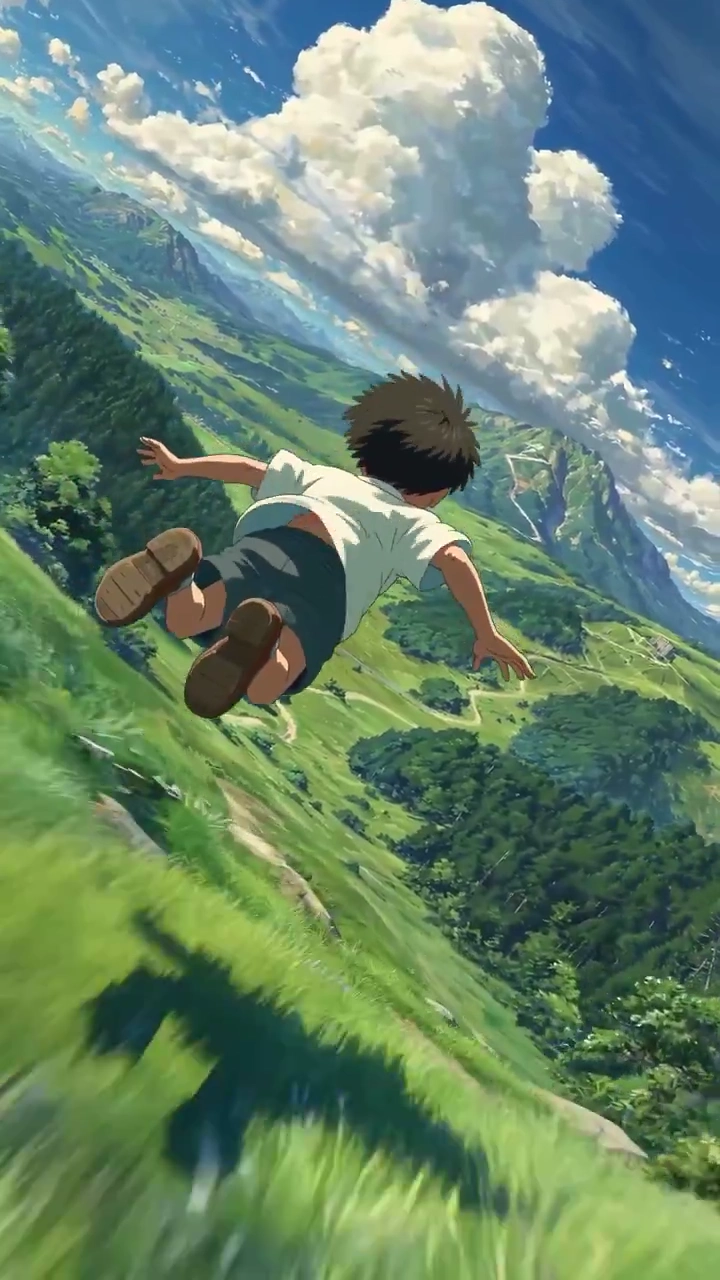 Anime Child Flies Through Sunlit Mountain Skies With Fluffy Clouds
