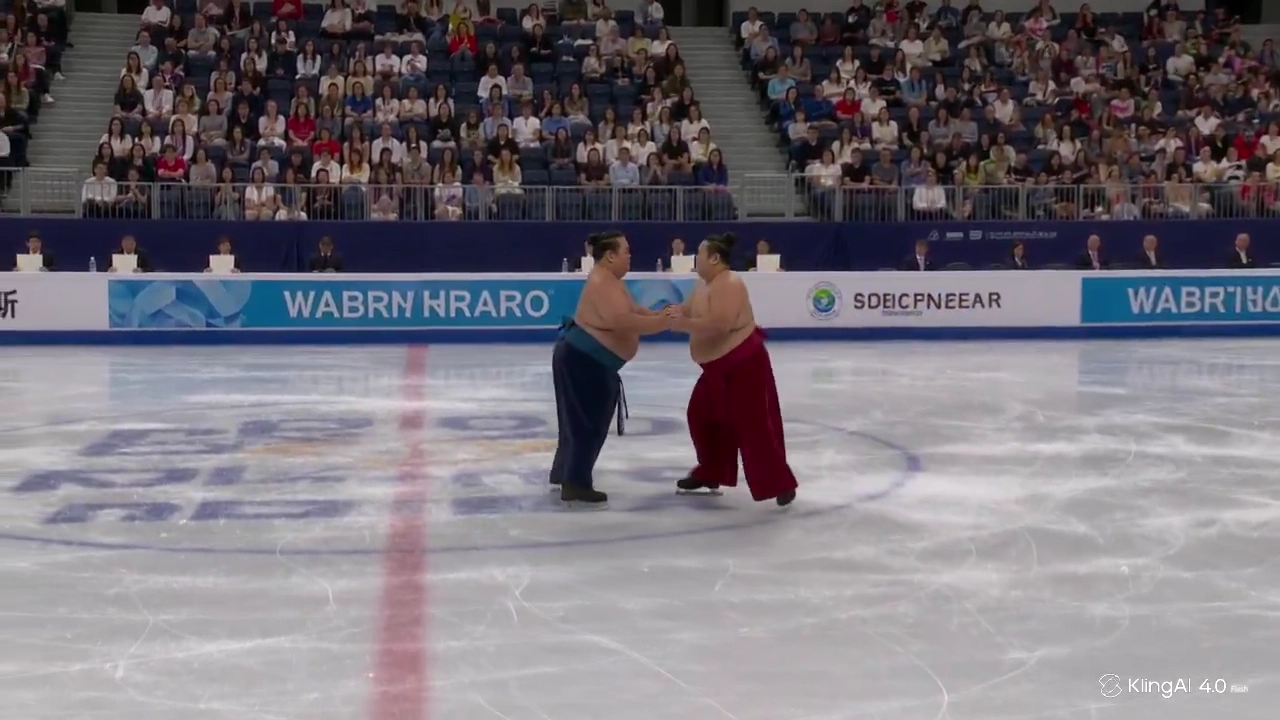 Giant Sumo Duo Performs Elegant Figure Skating Under Bright Arena Lights