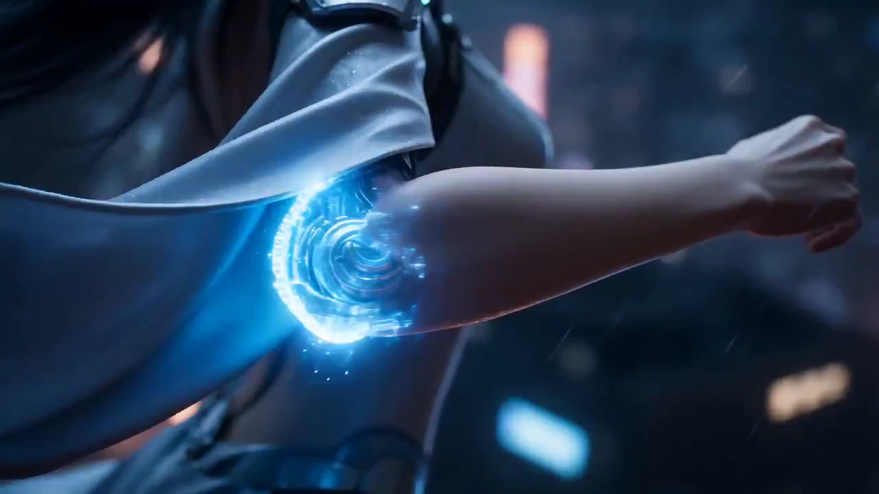 Neon Shadows Reveal a Cybernetic Heroine Wielding Electric Blade