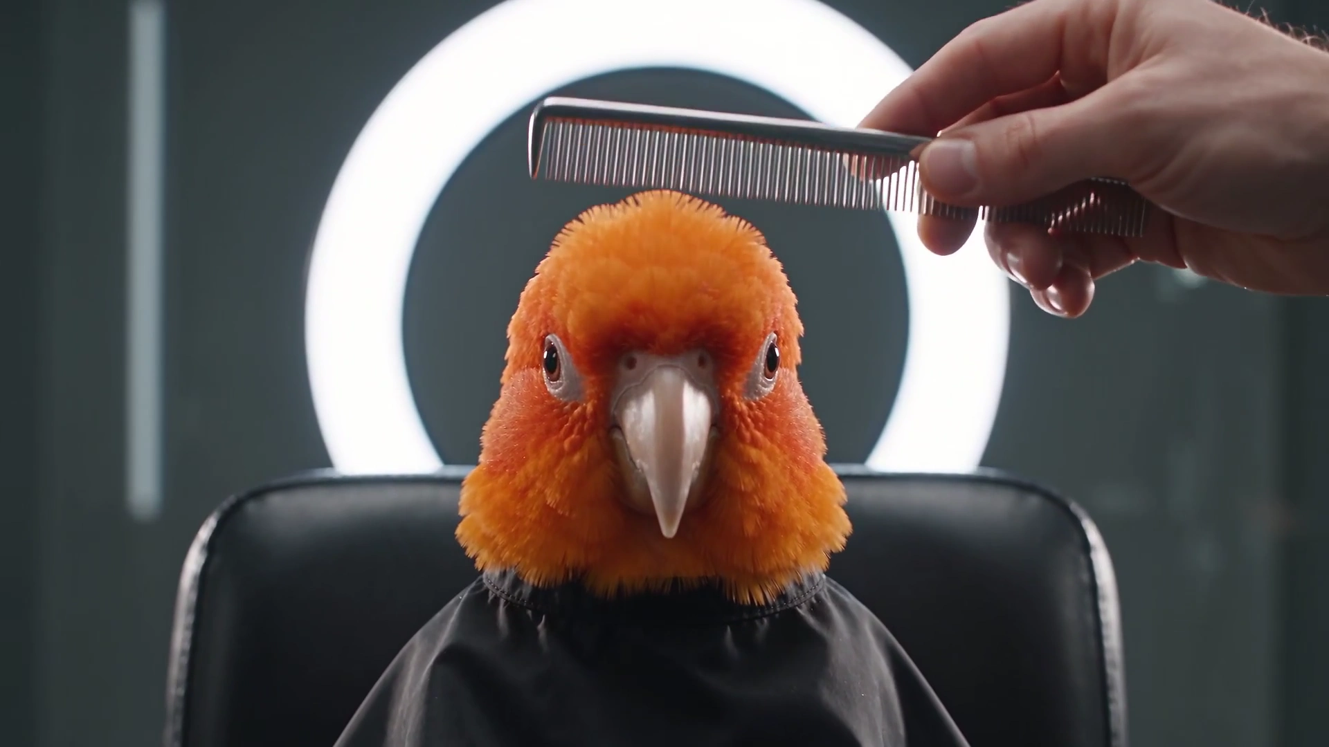 Stylist Grooms Parrot's Feathers with Scissors and Comb in Comedy Clip