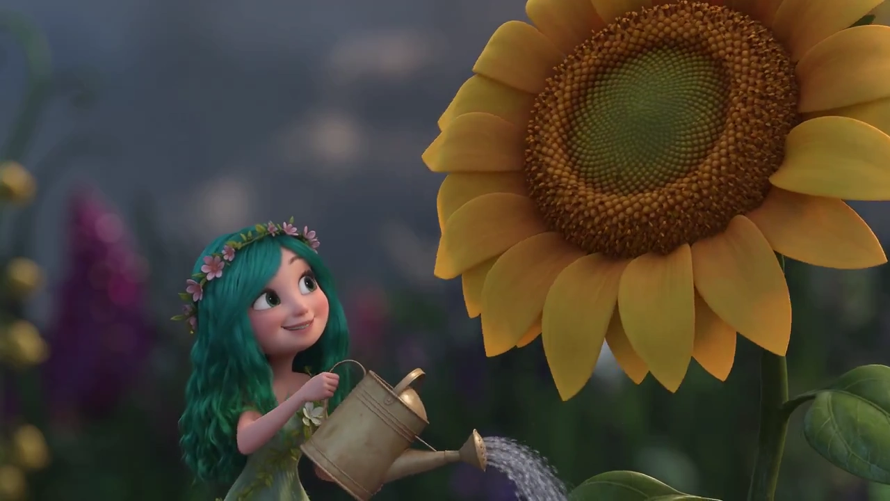 Whimsical Leaf-Clad Sprite Rides Butterfly to Catch Sneezing Sunflower Seed