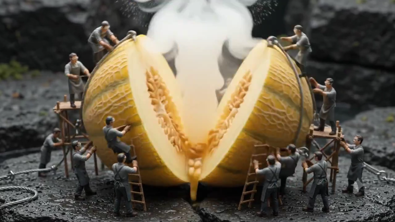 Tiny Chefs, Titanic Sunmelon: A Macro Gelato Odyssey on Wet Basalt