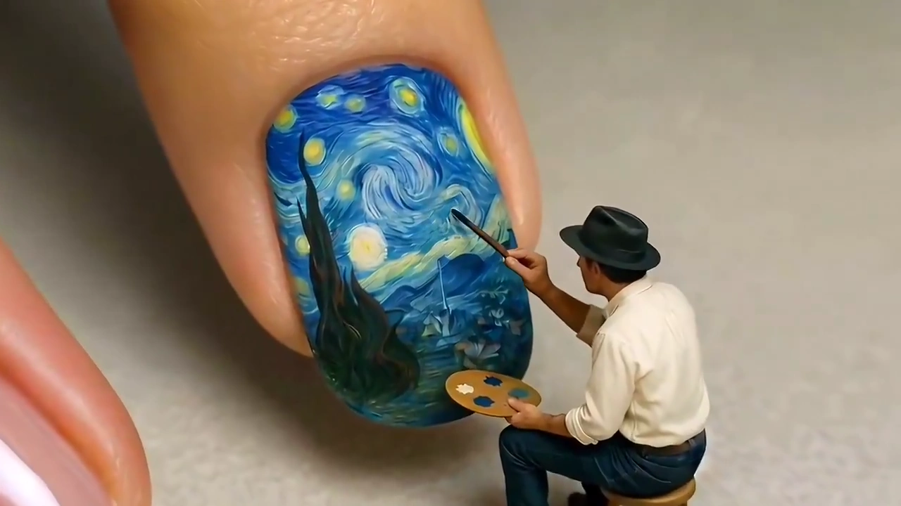 Miniature Artist Paints Swirling Monet Scene on Human Nail Surface