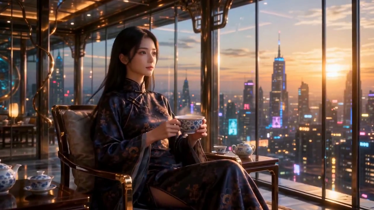Tea Room Sunset Erupts As Blue Phoenix Awakens Cyberpunk Warrior