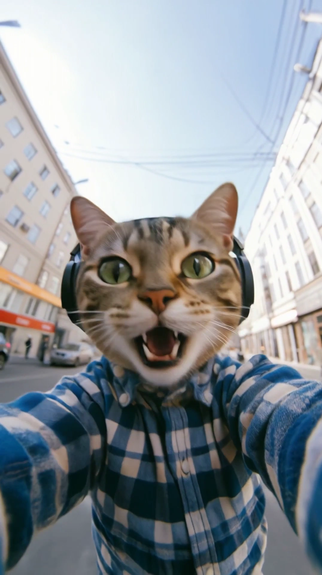 Headphones Tabby Narrates Daily Vlog While Crossing Busy Avenue