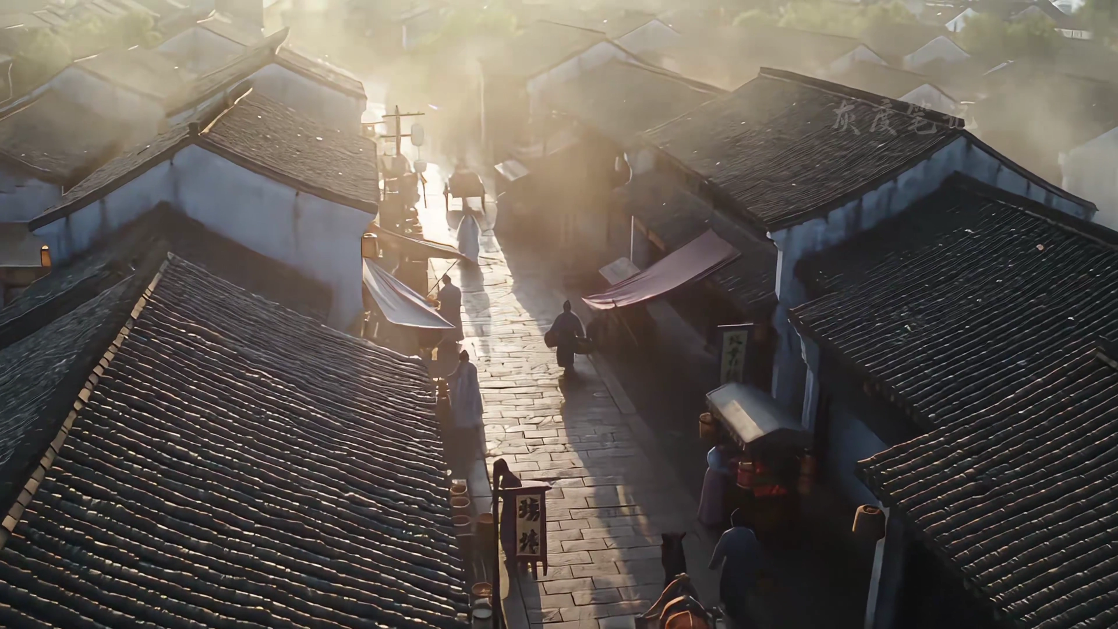 Willow Branches Sway as Three Figures Trade Words in Jiangnan