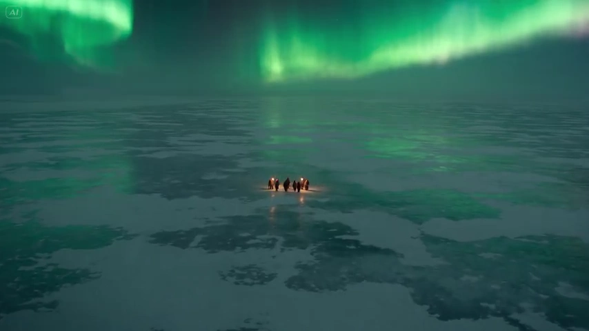 Fur-Cloaked Expedition Faces Mountain-Sized Leviathan Beneath Arctic Aurora