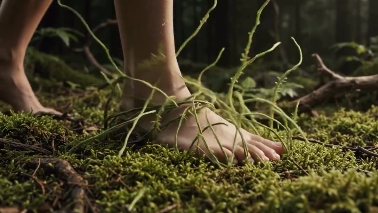 Olive Trail Shoe Emerges From Moss As Vines Wrap Around Mesh