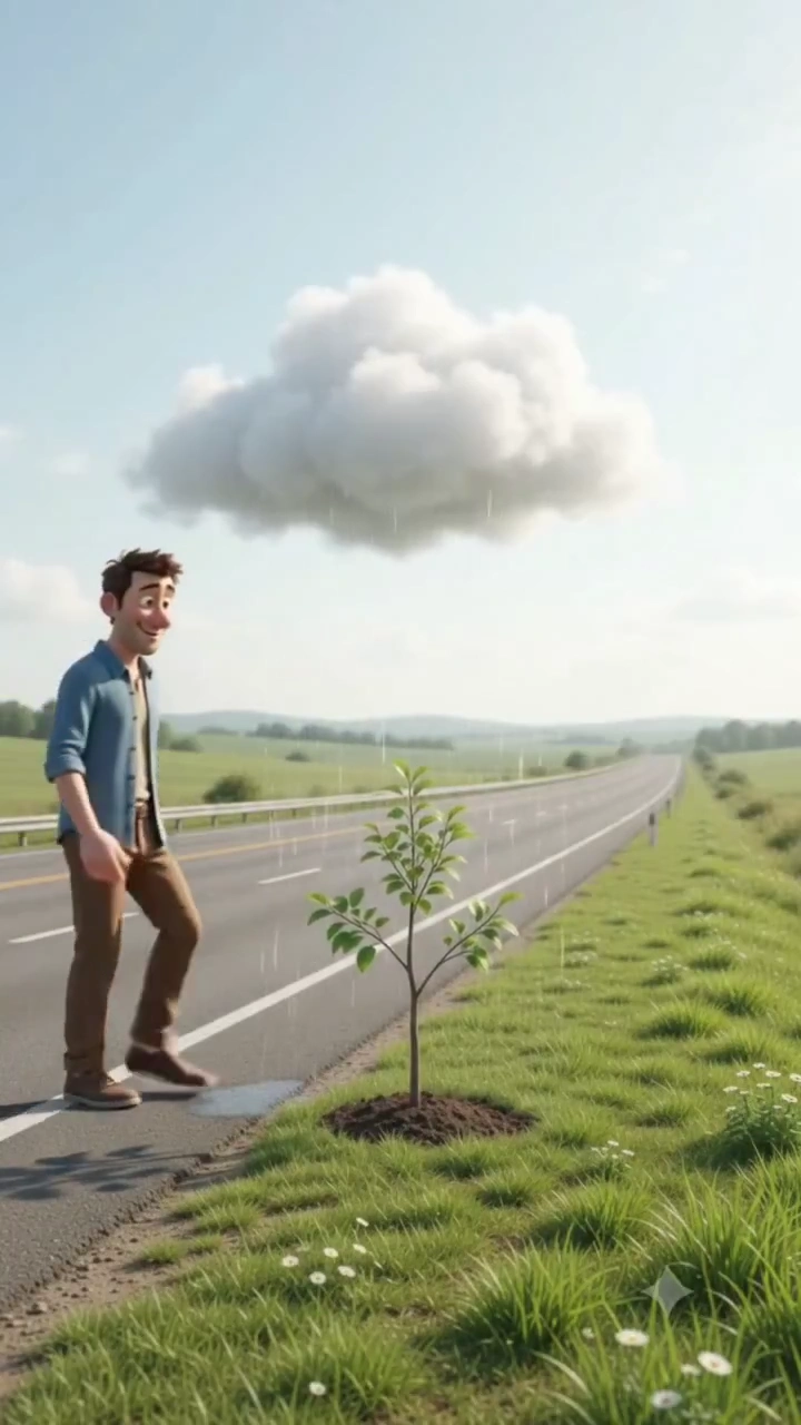 Man Picks Giant Apple From Cloud-Grown Tree On Highway