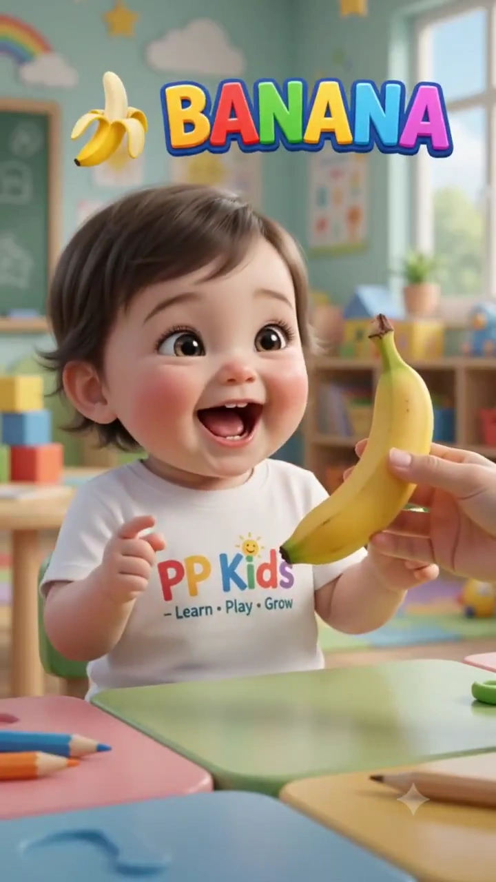 Adorable Baby Points And Claps At Colorful Fruits In 3D Preschool
