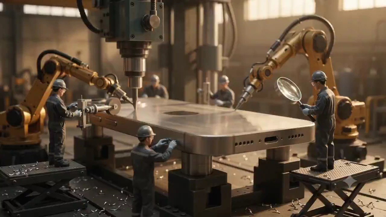 Micro Workers Assemble a Smartphone Masterpiece Under Amber Studio Lights