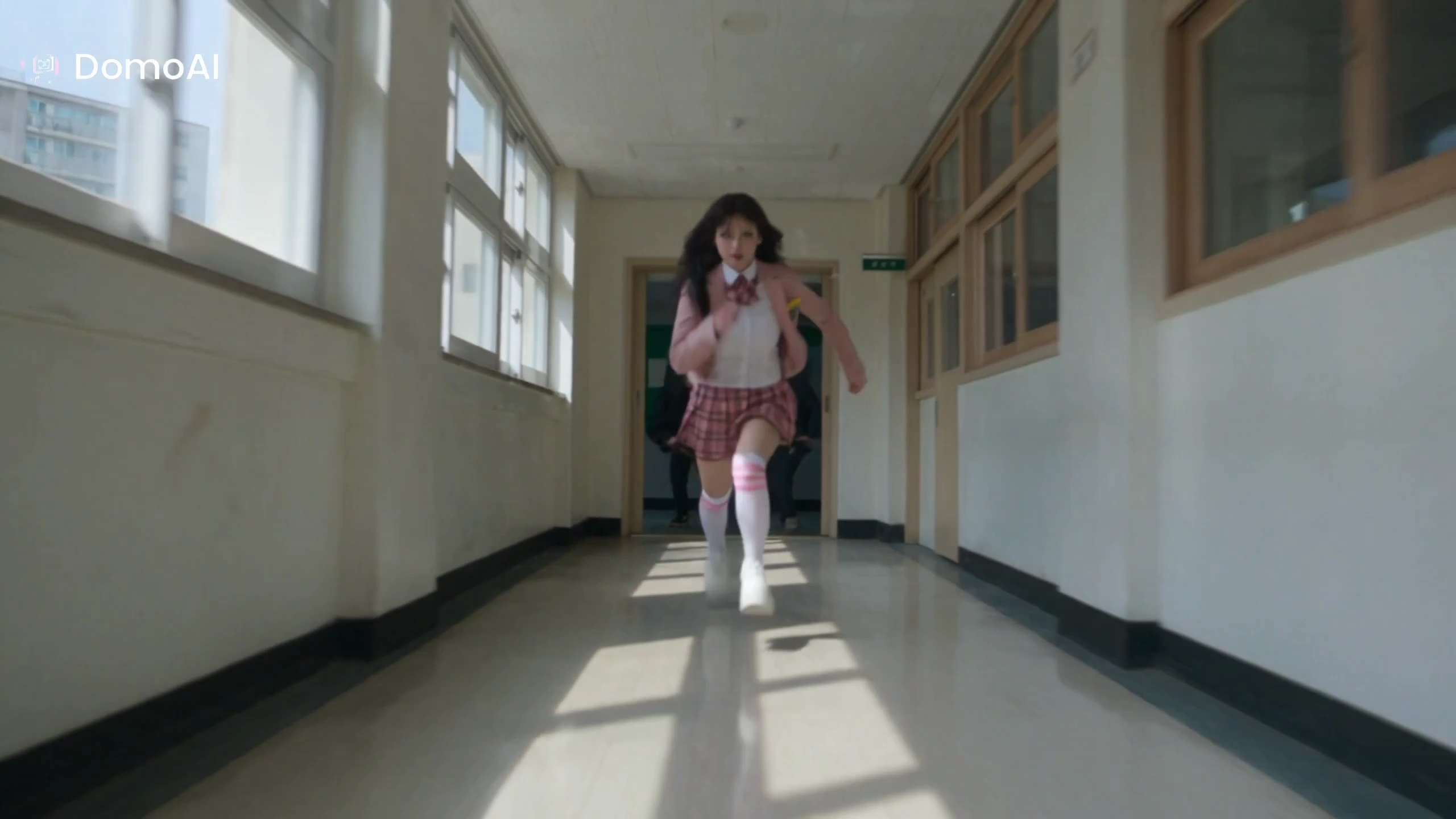 Agile Girl Defeats Attackers in Bright School Hallway