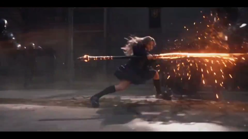 Golden-Eyed Heroine Spins Fiery Spear in Explosive Cinematic Combat