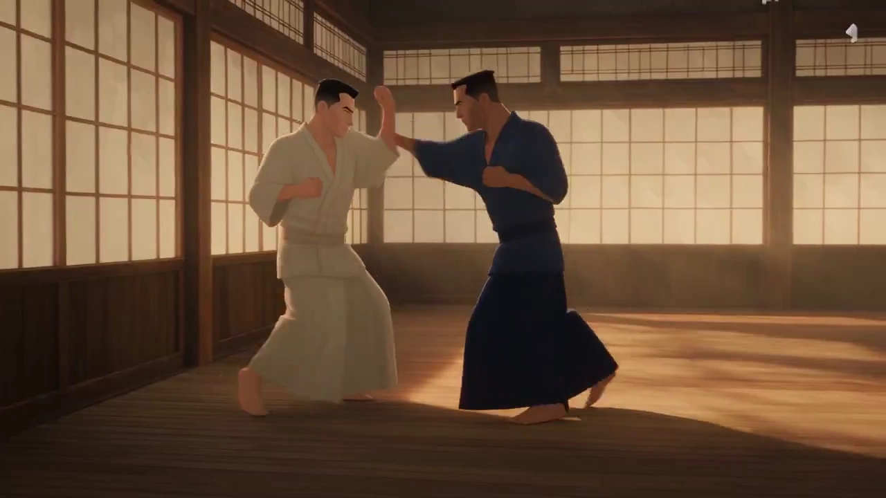 Neo and Morpheus Battle in Traditional Dojo With Cracked Paper Screens
