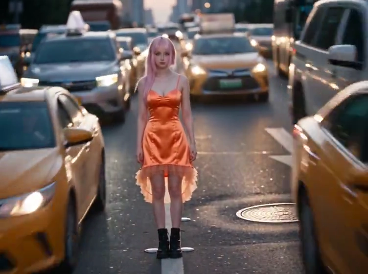Golden Light Bathes Motionless Girl as Cars Swerve Around Her