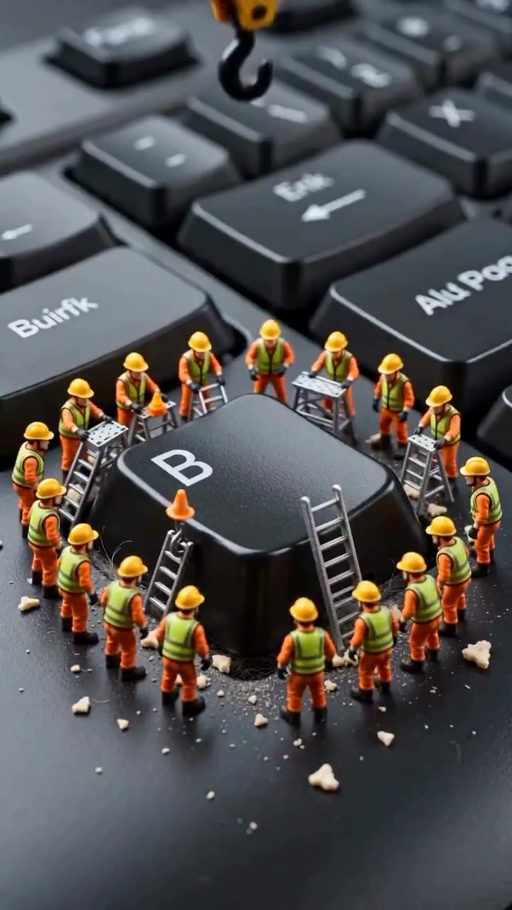 Tiny Construction Crew Fixes Broken Keyboard Key Under Dramatic Studio Lights