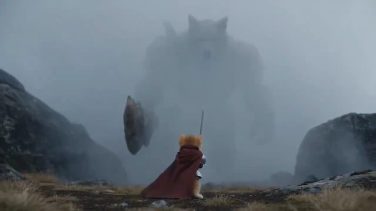 Thunder cracks as a kitten knight leaps at a stone golem