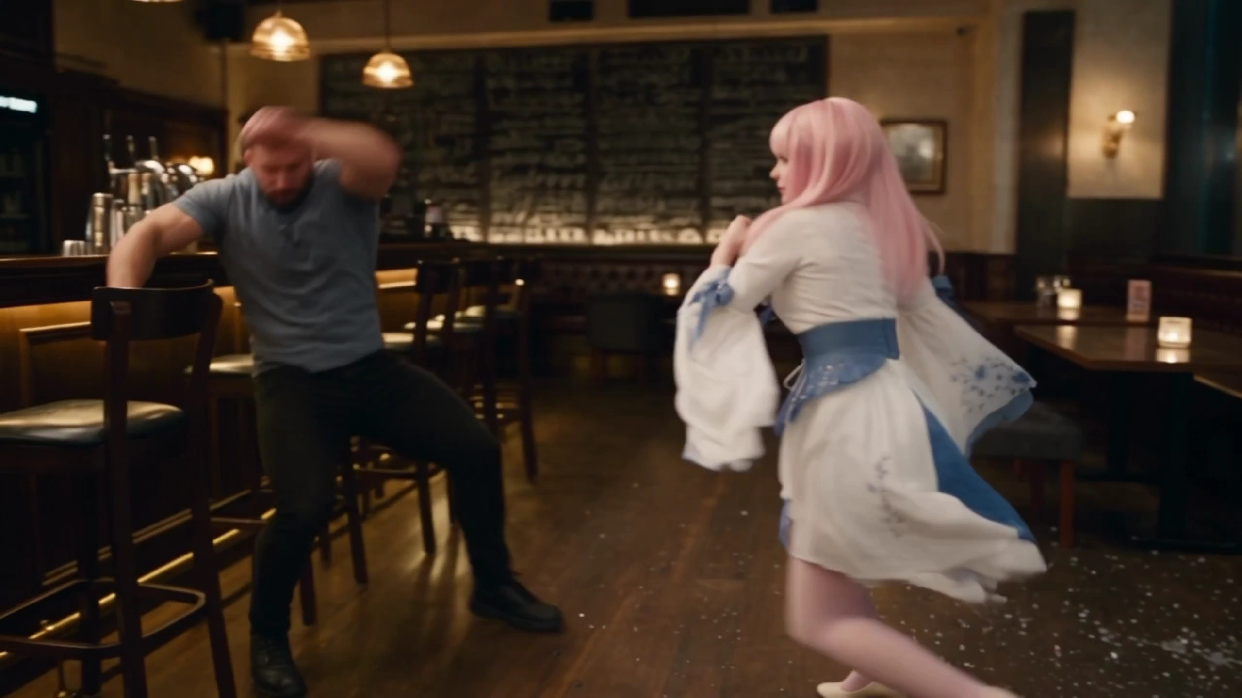 Unarmed Fighter Smashes Through Glass Entrance in Brutal Bar Combat