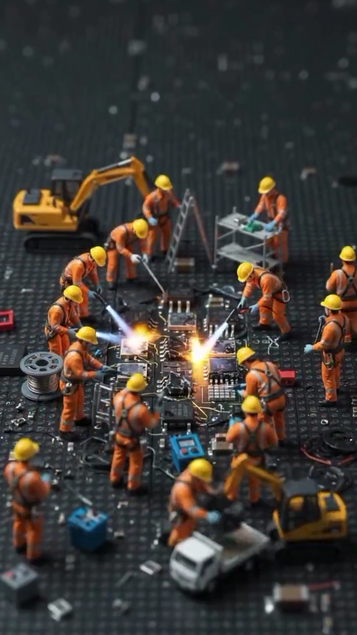 Miniature Crew Repairs a Giant Circuit Board Under Dramatic Macro Light